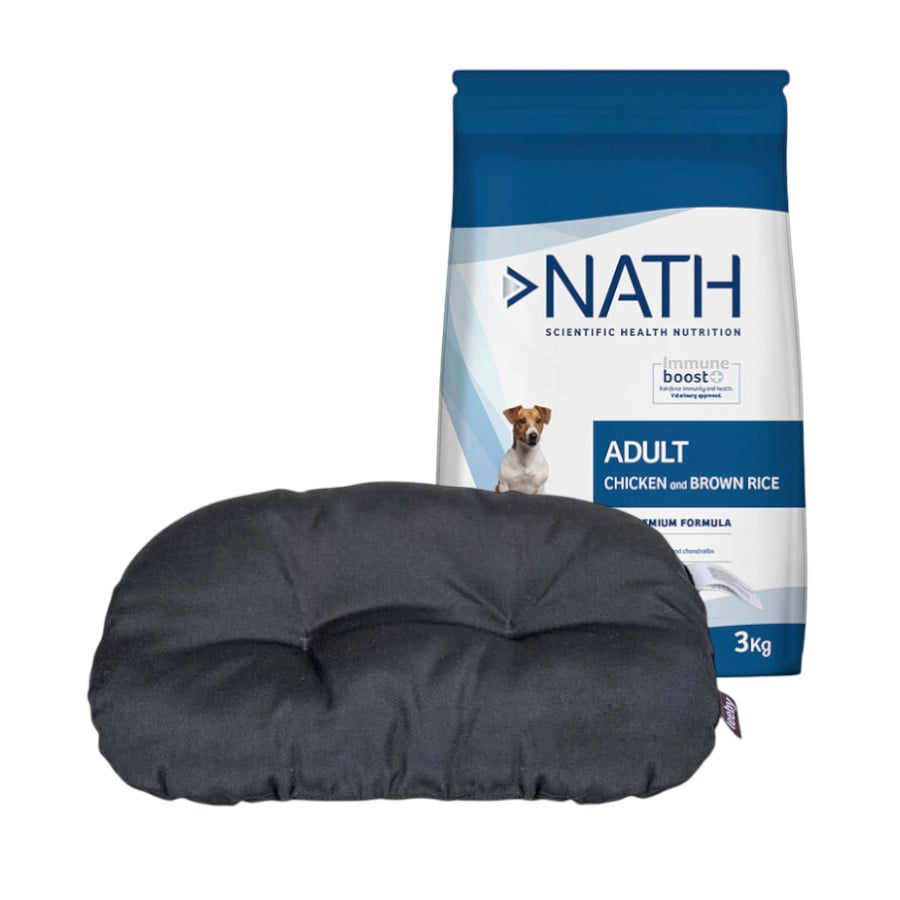 Cojín Ovalado Leeby + 3 kg Pienso Nath Adult Mini Pollo para perros ¡Pack Ahorro!