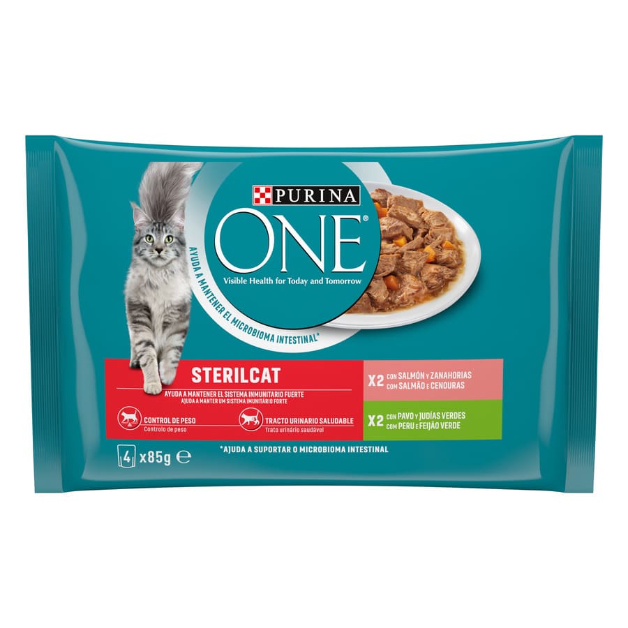 Purina One – Comida húmeda para gatos adultos Purina One Esterilizados salmón 4 x 85 g.