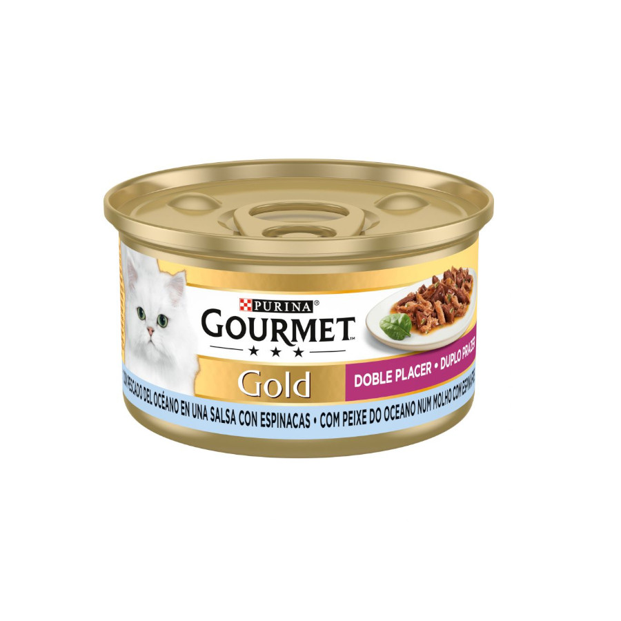 Gourmet Gold – Comida húmeda para gatos adultos Gourmet Gold Doble Placer pescado del Océano con espinacas 85 g.