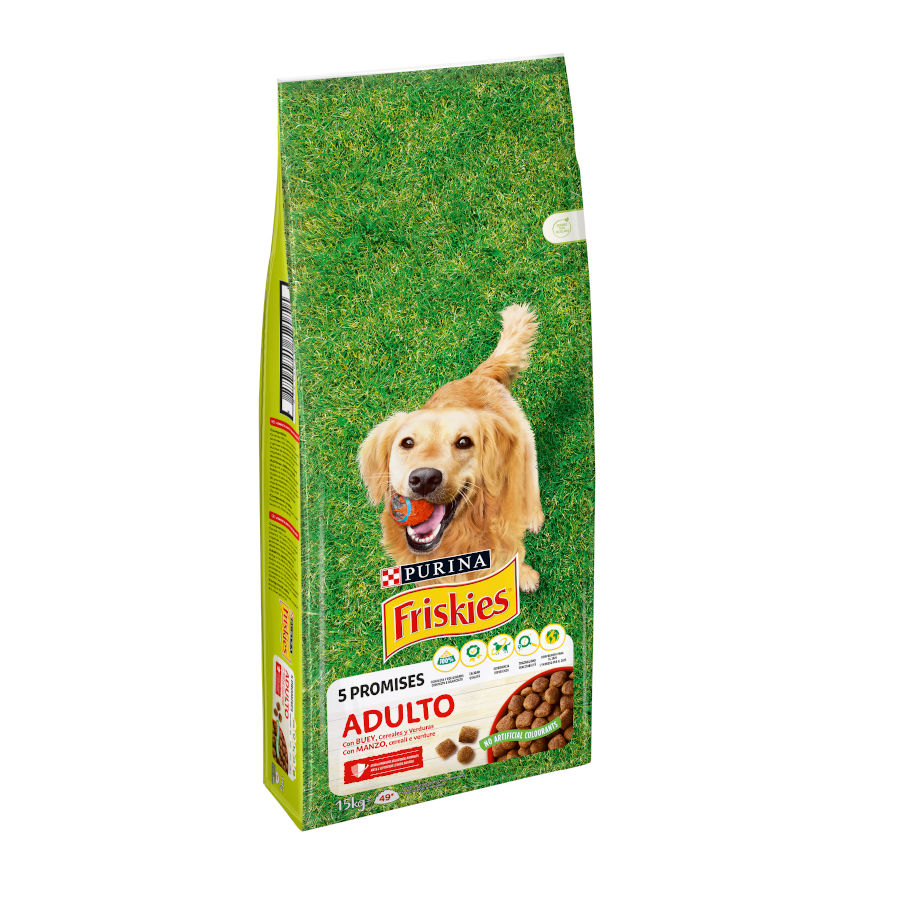 Purina Friskies – Pienso para perros adultos Friskies buey, cereales y verduras. 15 Kg