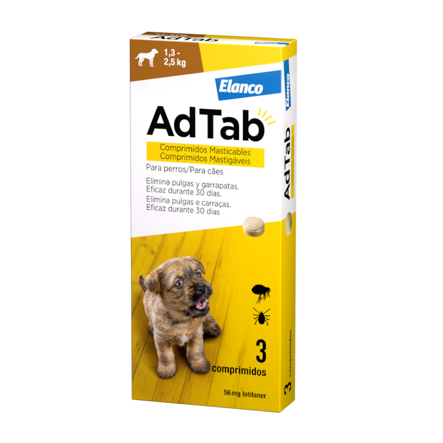 Elanco – Comprimidos masticables antiparasitarios para perros Mini (1,3-2,5kg) Adtab Elanco 56mg 3 ud.