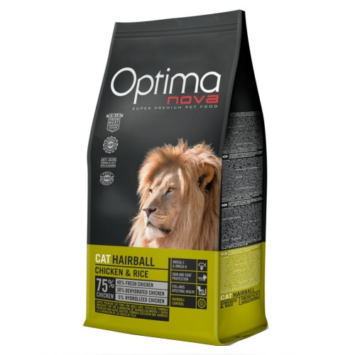 Optima Nova – Pienso para gatos adultos Optima Nova Hairball pollo y arroz.