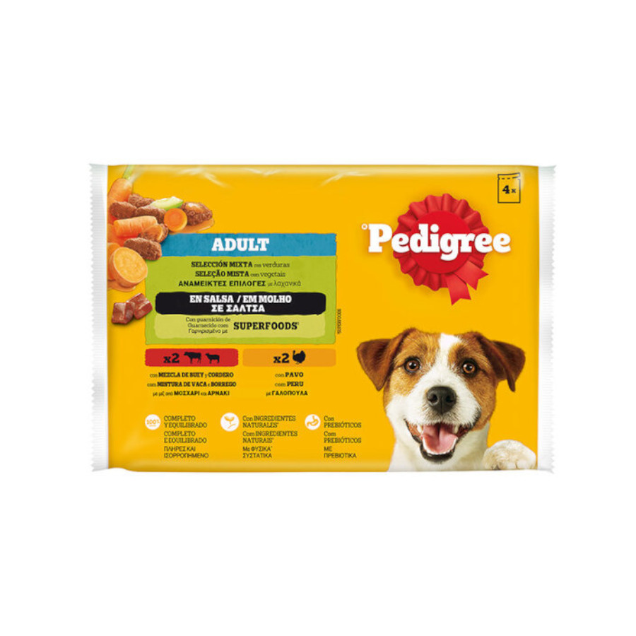 Pedigree – Comida húmeda para perros Pedigree bolsitas selección carnes mixtas pollo y cordero en gelatina 4 x 100 g.
